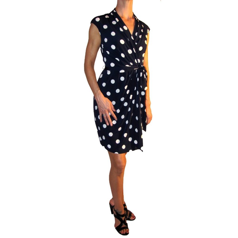 Eliza J Polka Dot Jersey Faux Wrap Cap Sleeve